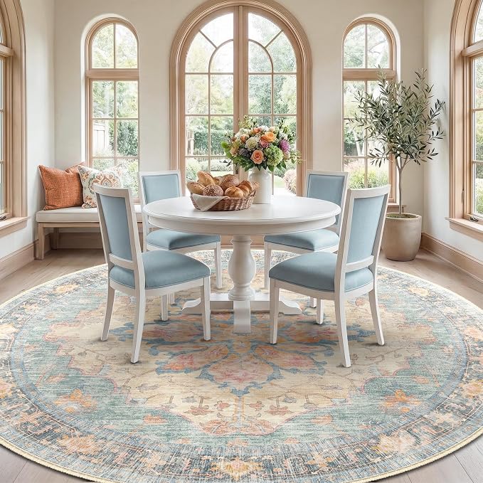 RELEANY Washable Area Rug, Round 8ft, Water Repellent, Pet Friendly, Vintage - Image 2