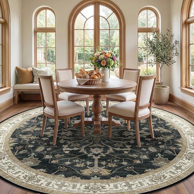 RELEANY Washable Area Rug, Round 8ft, Water Repellent, Pet Friendly, Vintage - Image 2