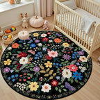PLHXFR Round Area Rug Living Room: 4 ft Floral Washable Soft Carpet Black | - Image 5