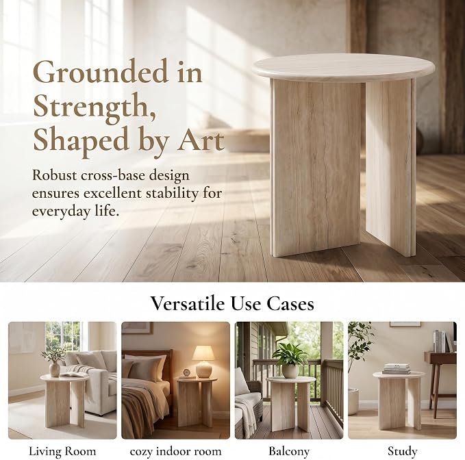 HNY Small Round Side Table Marble Veneer Wood Bedside Table 18" Modern End - Image 6