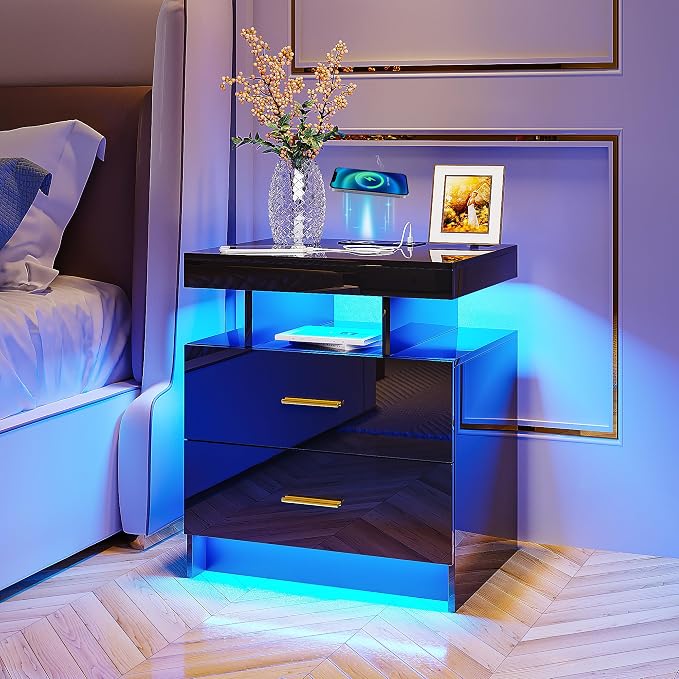 HNEBC Auto LED Nightstand with Wireless Charging Station & USB Ports, High by HNEBC