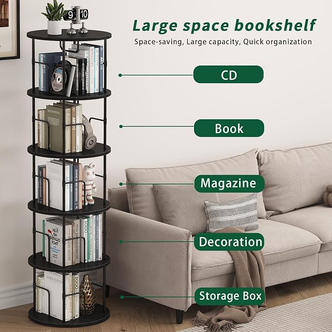 5Tier Rotating Bookshelf, Spinning Bookshelf Tower, 360 ° Display Space Saving - Image 6