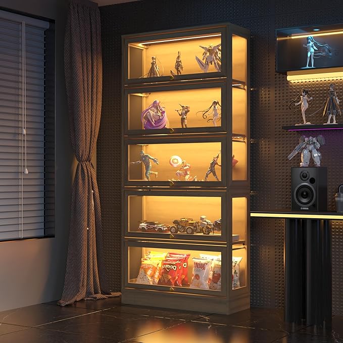 Display Cabinet with Acrylic Glass Doors, 5-Tiers Curio Cabinet with LED by BONITURE