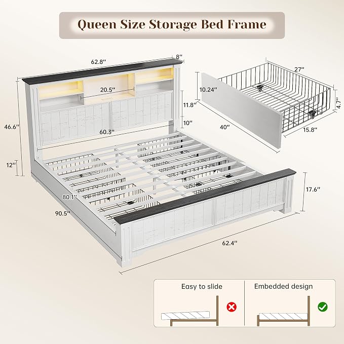 EnHomee Queen Bed Frame with Headboard and Storage, 4 Drawers and LED Built in - Image 2