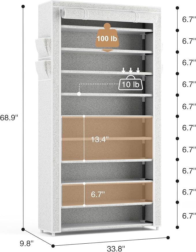 ROJASOP 10 Tier Shoe Rack with Covers Large Capacity Stackable Tall Shoe Shelf - Image 3