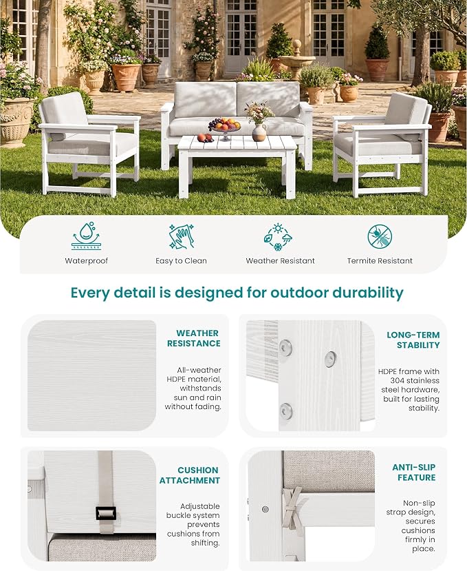 SERWALL 3 Pieces HDPE Outdoor Sofa Bistro Set - Image 4