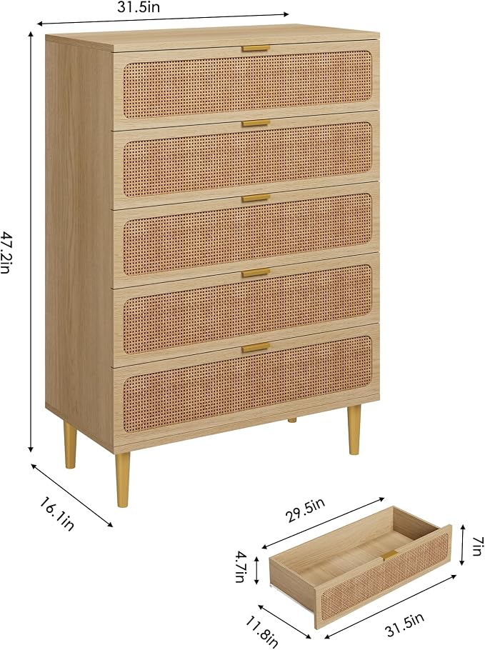 GarveeHome Rattan 5 Drawer Dressers - Image 2