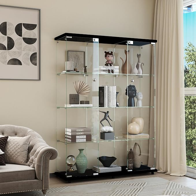 Display Cabinet with Glass Door and Lock, 4-Tier 3-Column Curio Cabinets with by glassdisplaycabinet