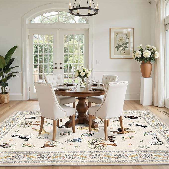 Beige Floral Area Rug 9x12 for Living Room Bedroom | Low Pile; Non Slip;Machine - Image 4