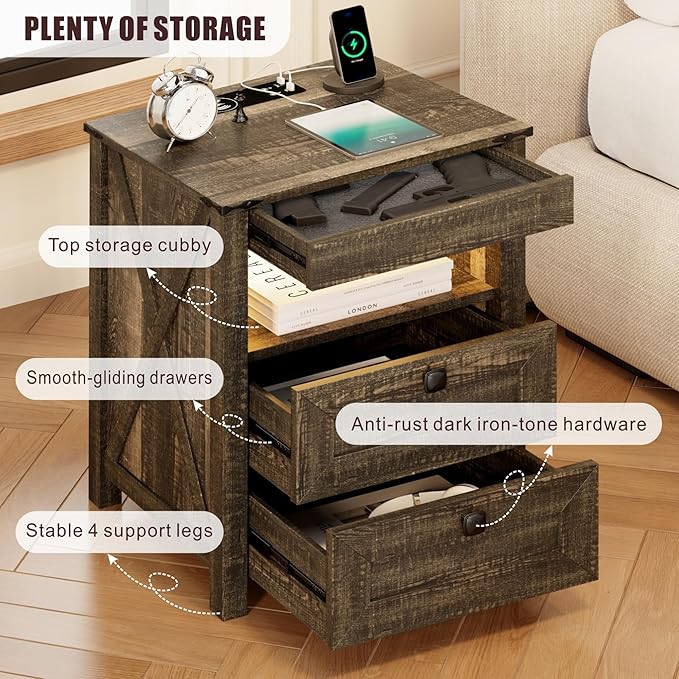 HWB LED Nightstand with Gun Drawer: Bedside Table with Charging Station - Image 7