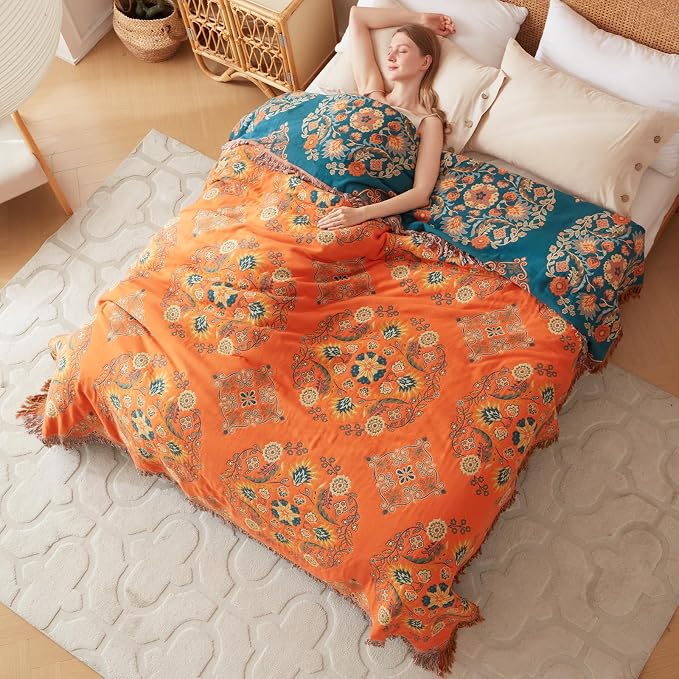 LUTBM Boho Throw Blanket for Bed 100% Cotton Soft Lightweight Quilt Floral - Image 9