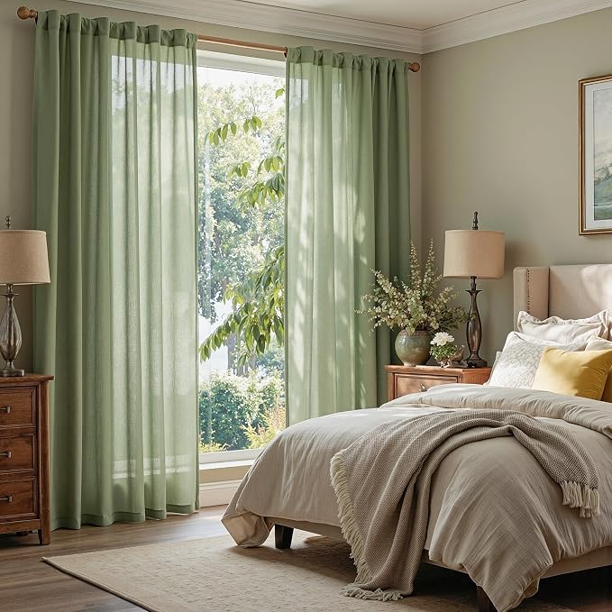 MYSKY HOME Sage Green Sheer Curtains 63 inch Length Semi Sheer Curtains - Image 2