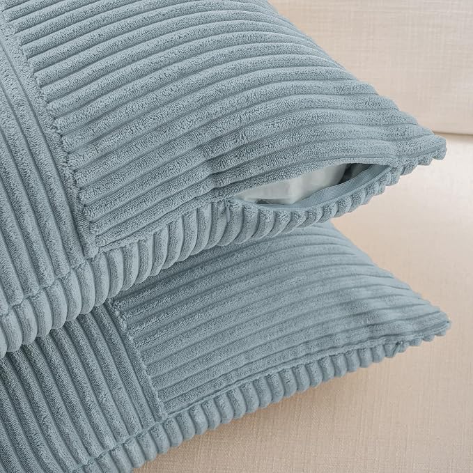 Fancy Homi Set of 2, Light Blue Patchwork Corduroy Decorative Soft Striped - Image 3