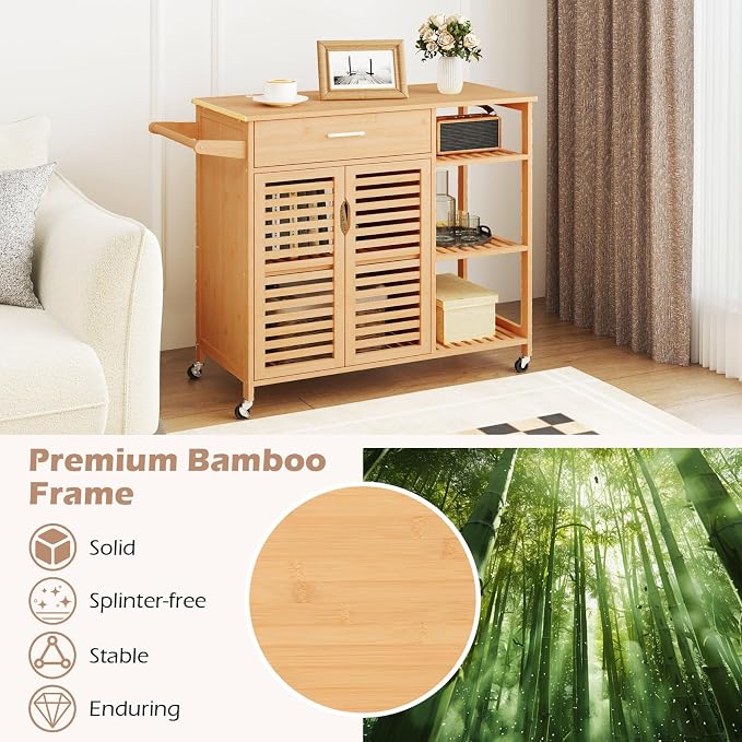 Giantex Bamboo Kitchen Island Cart, Mobile Serving Cart - Image 7
