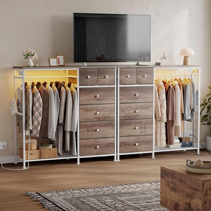 DUMOS Dresser for Bedroom with Hanging Rack, 6 Drawer Fabric Dresser with - Image 9