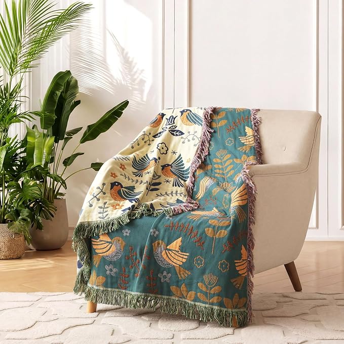 LUTBM Boho Throw Blanket for Couch 100% Cotton Soft Birds and Floral Double - Image 2