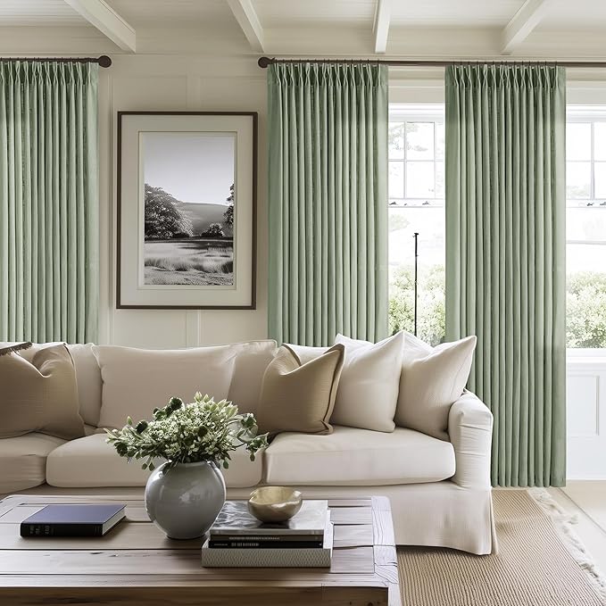 Sage Green Pinch Pleat Semi Sheer Linen Curtains 102 Inches Long 2 Panels | - Image 8