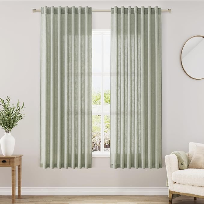 Sage Green Linen Curtains 63 Inches Length 2 Panels Set by Nanspring