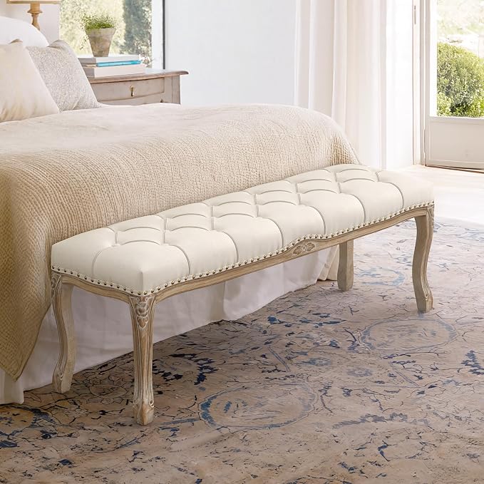 Cozyman Bedroom Bench, French Vintage Entryway Bench 52.5" Carving Upholstered - Image 2