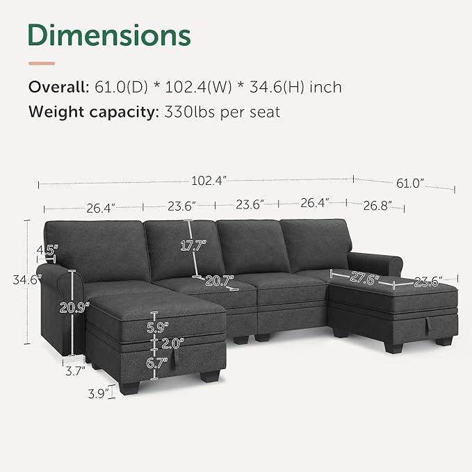 HONBAY Sectional Sofa with Storage Seat U Shaped Couch with Reversible Chaise - Image 2