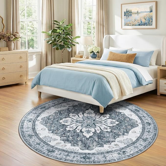 RELEANY Area Rugs Round 7ft Washable Non-Slip, Floral Vintage Distress Print - Image 2
