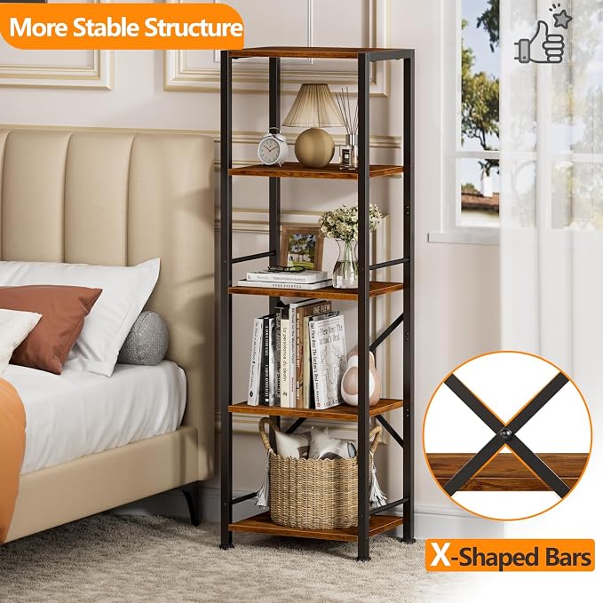 Furologee 5 Tier Tall Bookshelf, Rustic Narrow Bookcase, Display Standing Shelf - Image 4