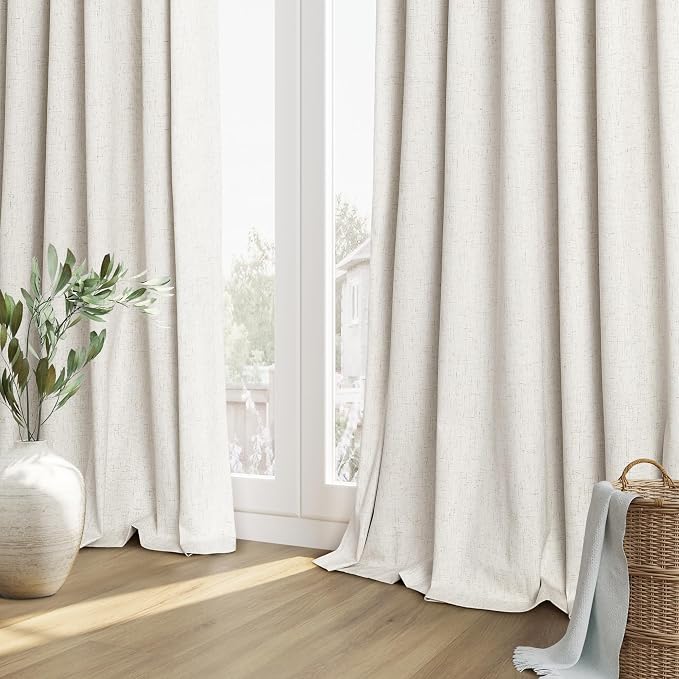 Beige White 100% Blackout Linen Curtains 110 Inch Length 2 Panels Set - Image 9
