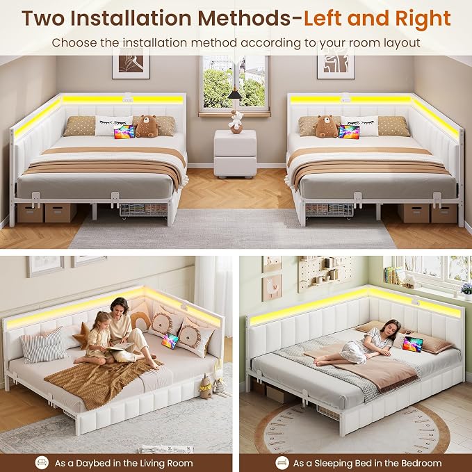 DICTAC Corner Bed Frame with 2 Storage Drawers and Charging Station Full Size - Image 9