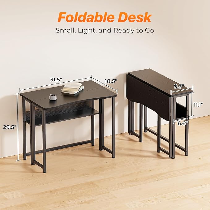 Huuger Folding Desk with Storage Shelf, 31.5 Inch Foldable Computer Table - Image 2