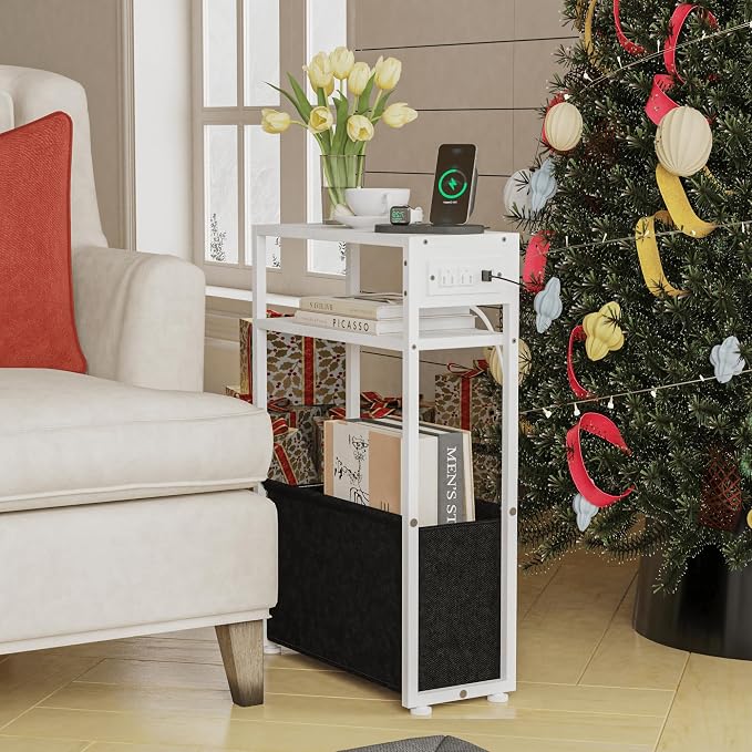 Leomonio White Side Table with Charging Station, Slim End Tables with Fabric - Image 7