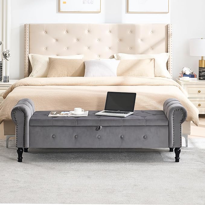 67" Storage Bench for Bedroom, Velvet End of Bed Bench, King Size Bench - Image 3