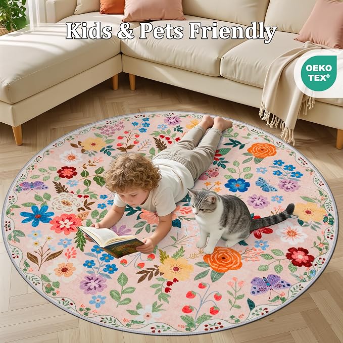PLHXFR Round Area Rug Living Room: 6 ft Floral Washable Soft Carpet Beige | - Image 8