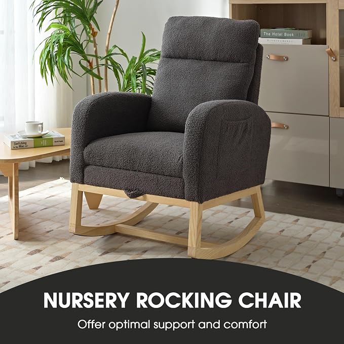 NIOIIKIT Modern Nursery Rocking Chair, Teddy Upholstered Rocking Chair - Image 4