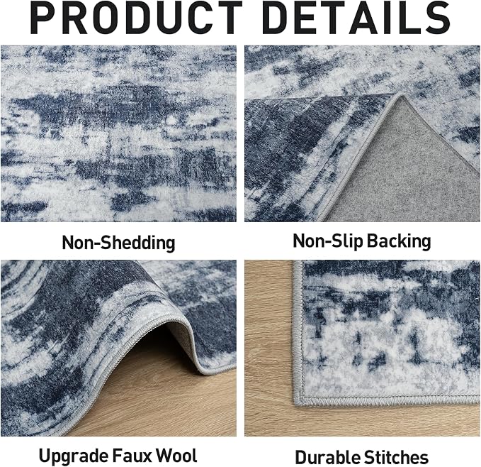 9x12 Area Rugs for Living Room: Washable Abstract Blue Grey Badroom Carpet | - Image 5