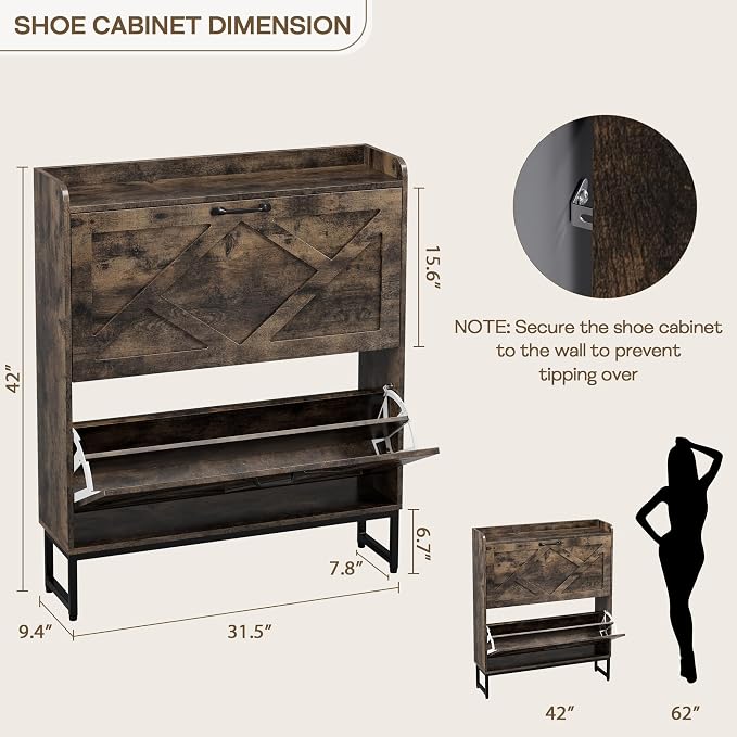 Nicetree Shoe Cabinet with 2 Flip Drawers, Freestanding Shoe Storage Cabinet - Image 2