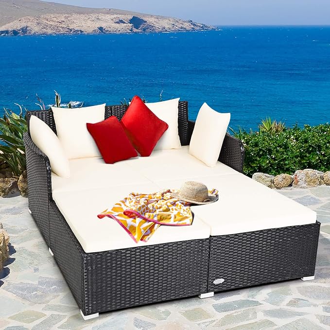 COSTWAY Outdoor Patio Rattan Daybed, Sponge Cushioned Loveseat Sofa - Image 2
