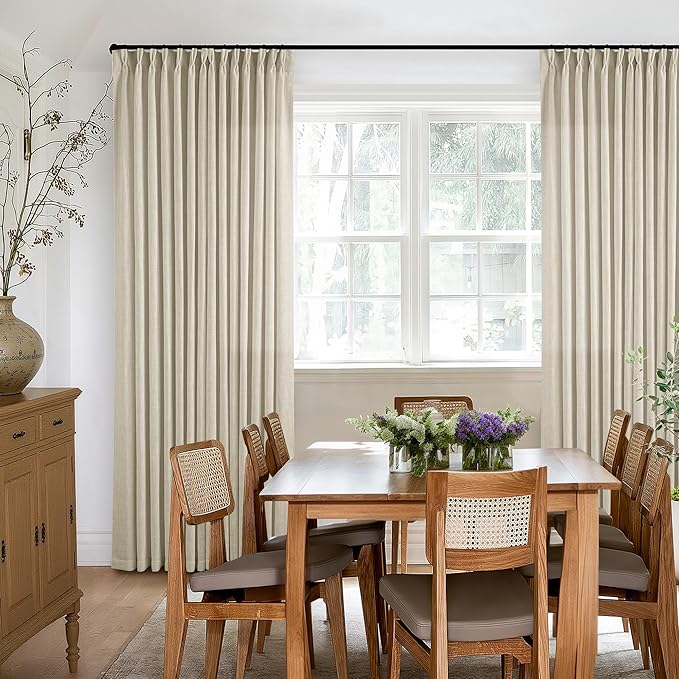 Beige Pinch Pleated Linen Curtains 112 Inches Long 2 Panels | Memory Training - Image 8