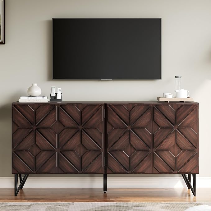AMERLIFE 63” Solid Acacia Wood Sideboard Buffet Cabinet, Hand-Carved Geometric - Image 8