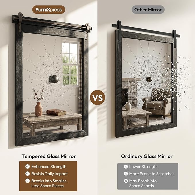 24"x36" Black Barn Door Wall Mirror, Solid Wood Framed Rustic Accent Mirror - Image 6