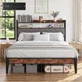 Queen Bed Frame with Charging Station, Upholstered Headboard, Metal Platform by BOVONO