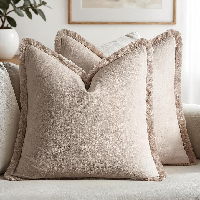 MIULEE Boho Natural Linen Fringe Decorative Euro Throw Pillow Covers 24x24 | by MIULEE