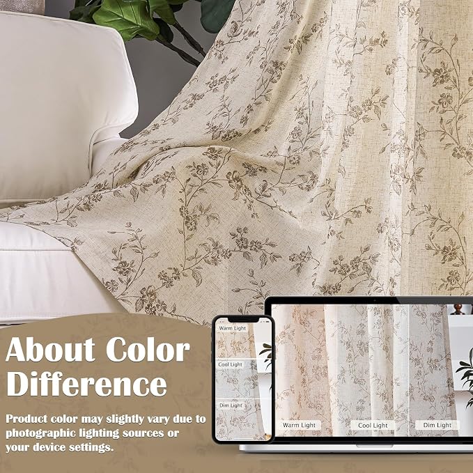 Taupe Vintage Floral Linen Curtains Farmhouse 50W X 84L 2 Panels | Elisa Series - Image 8