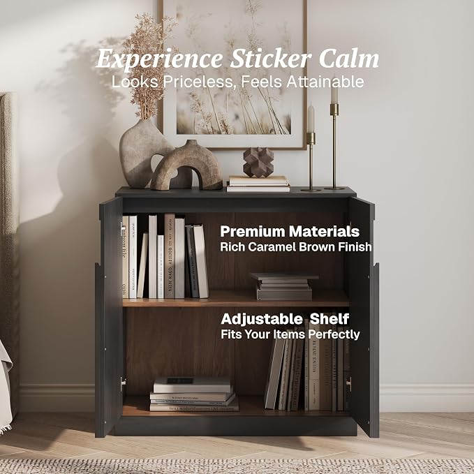 BELLEZE 2 Tier Bookshelf with Arched Wood Door, Modern Display Bookcase Shelf - Image 5