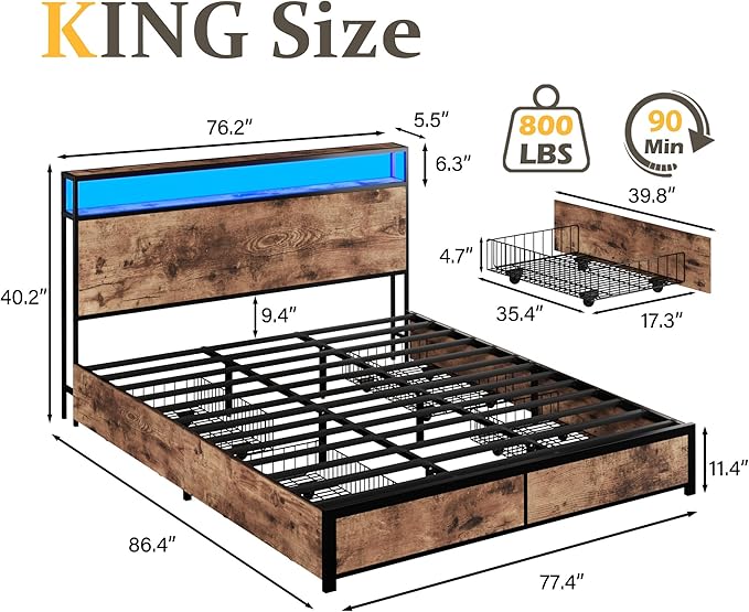 Lifezone King Bed Frame with 2-Tier Storage Headboard, Metal Platform Bed Frame - Image 2