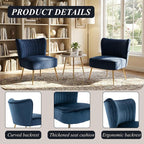 Velvet Accent Chair Set of 2 Comfy Living Room Chair Armless Slipper Chair Mid - Image 5