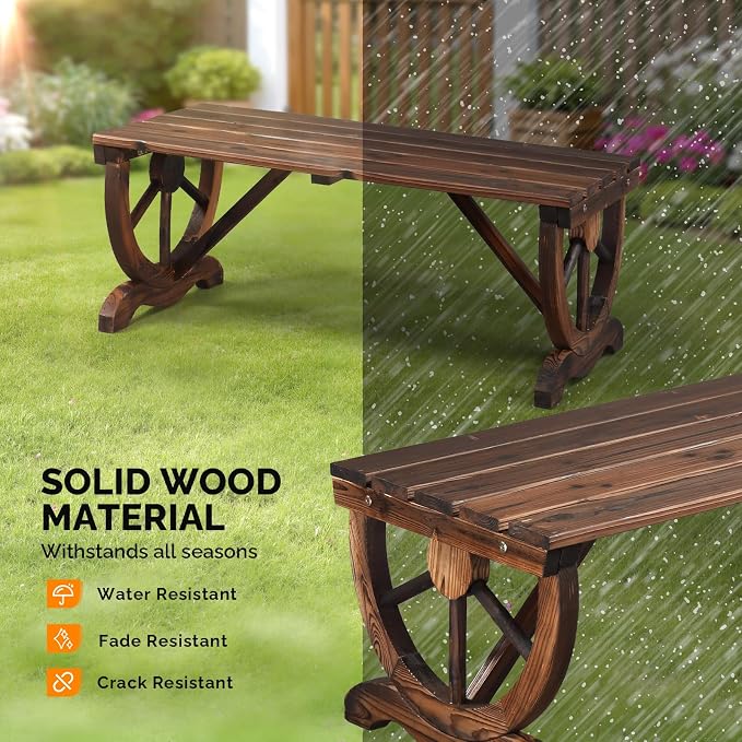 VINGLI Rustic Wooden Wheel Bench Outdoor Bench, Patio Bench Wagon Slatted Seat - Image 6