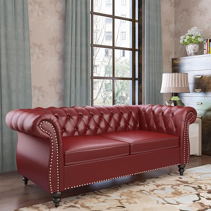 Chesterfield Loveseat Sofa, Modern Leather Small Sofa Couch 2 Seater - Image 3