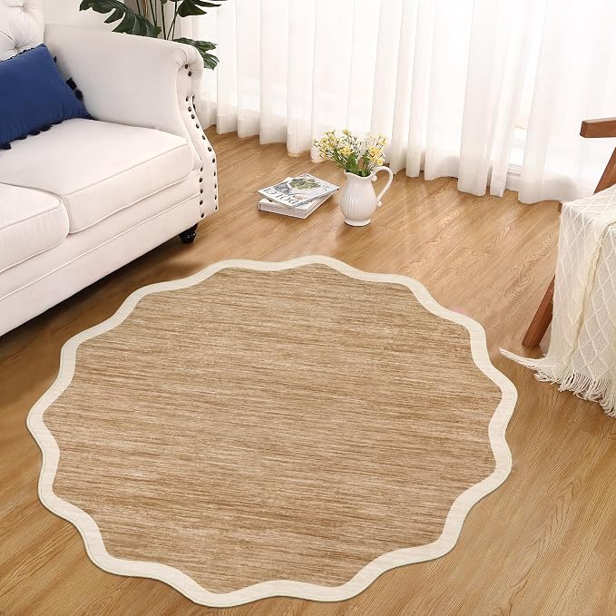 GarveeHome Scalloped Round Washable Rug 5ft Soft Non Slip, Light Brown | Circle - Image 2