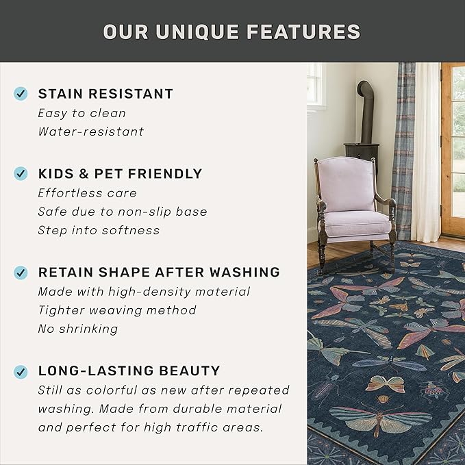 Dark Blue 2x4 Non Slip Bathroom Rug, Washable Vintage Boho Insect Carpet - Image 7