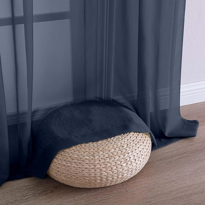 Navy Blue Sheer Curtain 90 Inches Long 2 Panels Set, Solid Filmy Drapes - Image 8